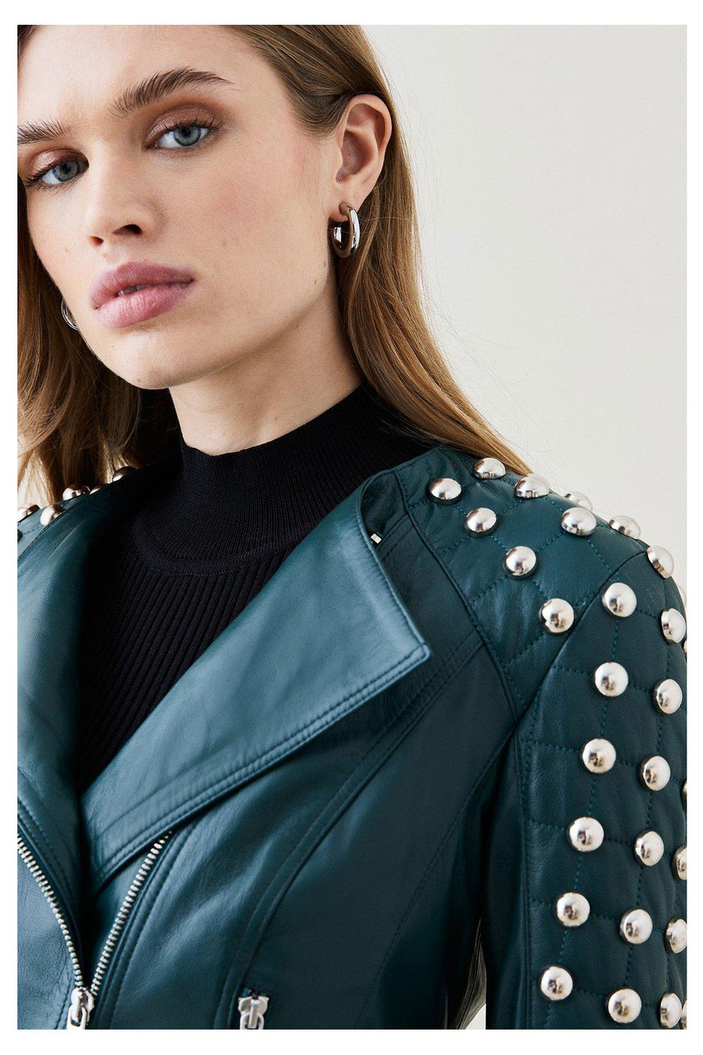Women Silver Spiked Studded Retro Motorcycle Leather Jacket