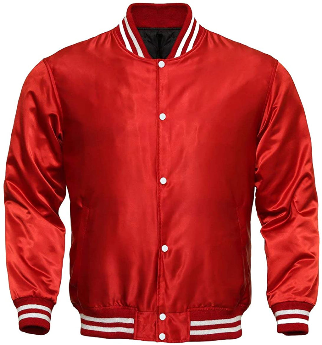 Varsity Letterman Baseball Bomber Vintage Retro All Poly Satin Jacket - Shearling leather