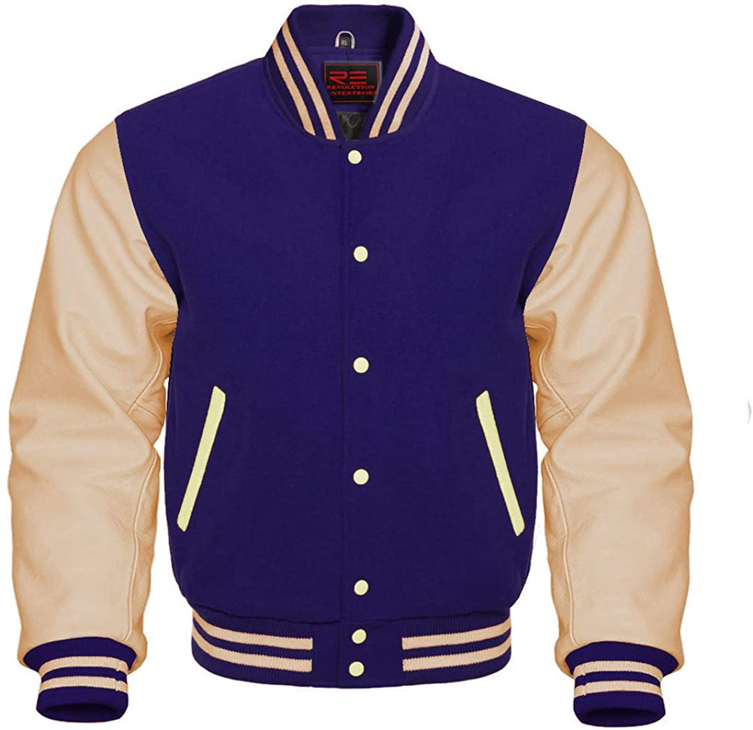 Varsity Letterman Baseball Bomber Retro Vintage Jacket Wool & Genuine Leather Sleeves - Shearling leather