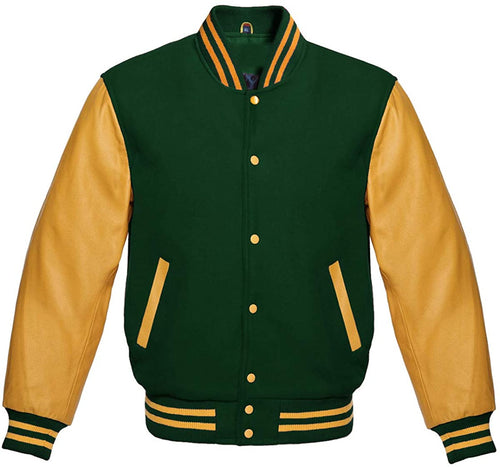 Varsity Letterman Baseball Bomber Retro Vintage Jacket Forest Green Wool Gold Genuine Leather Sleeves - Shearling leather