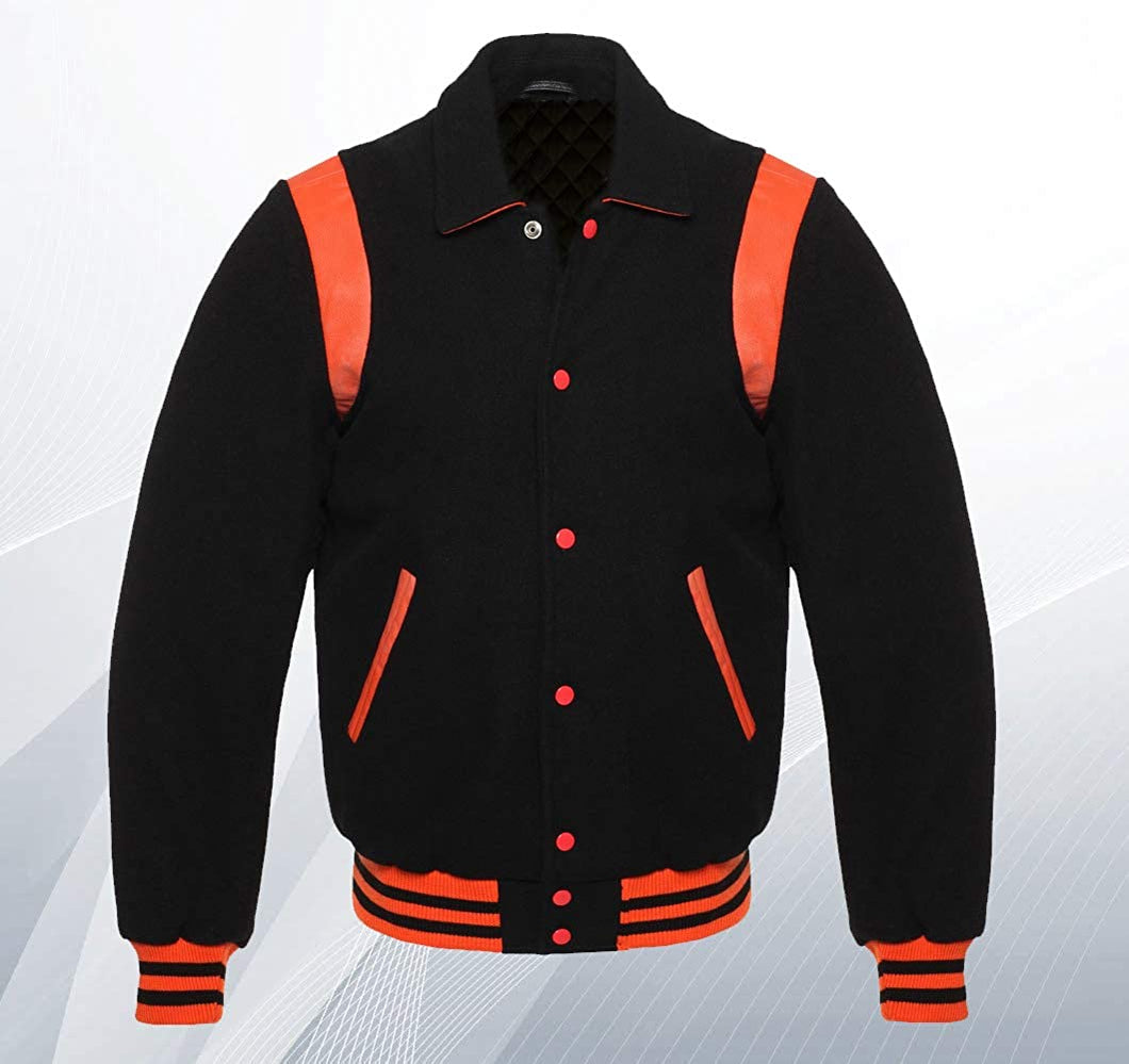 Super Varsity Letterman Baseball Bomber Retro Vintage Stylish Jacket All Wool Black & Orange Genuine Leather Strip - Shearling leather