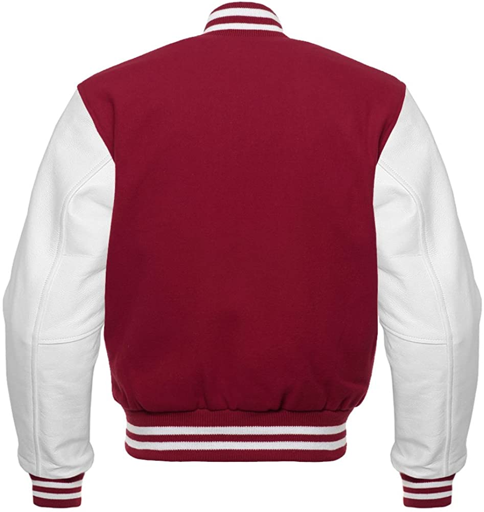 Varsity Letterman Baseball Bomber Retro Vintage Jacket Maroon Wool & White Genuine Leather Sleeves - Shearling leather