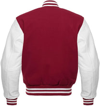 Load image into Gallery viewer, Varsity Letterman Baseball Bomber Retro Vintage Jacket Maroon Wool &amp; White Genuine Leather Sleeves - Shearling leather
