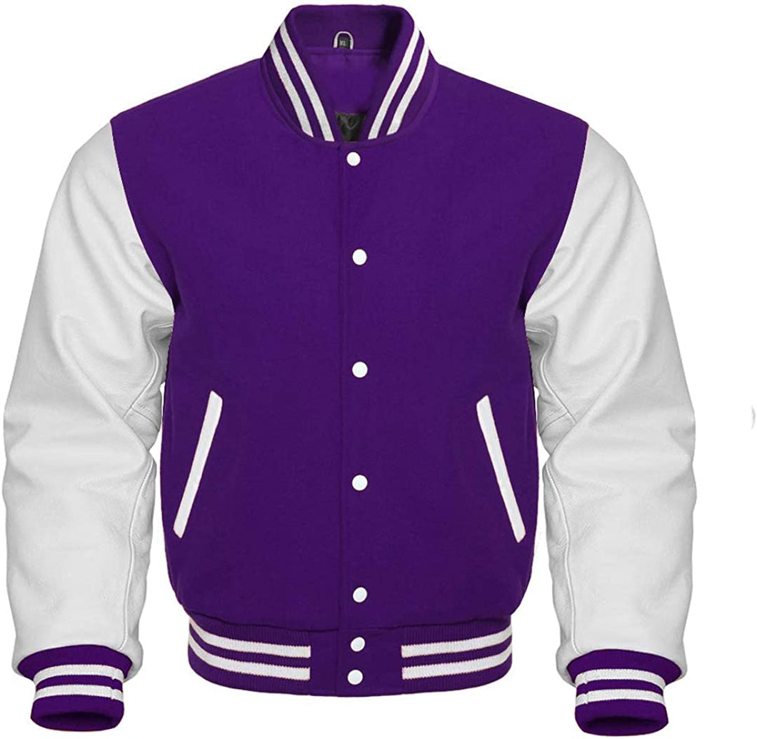 Varsity Letterman Baseball Bomber Retro Vintage Jacket Purple Wool & White Genuine Leather Sleeves - Shearling leather