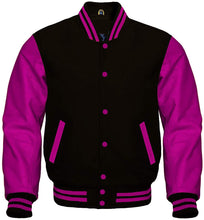 Load image into Gallery viewer, Varsity Jacket Bomber Letterman Baseball Black Wool &amp; Hot Pink Leather Sleeves - Shearling leather
