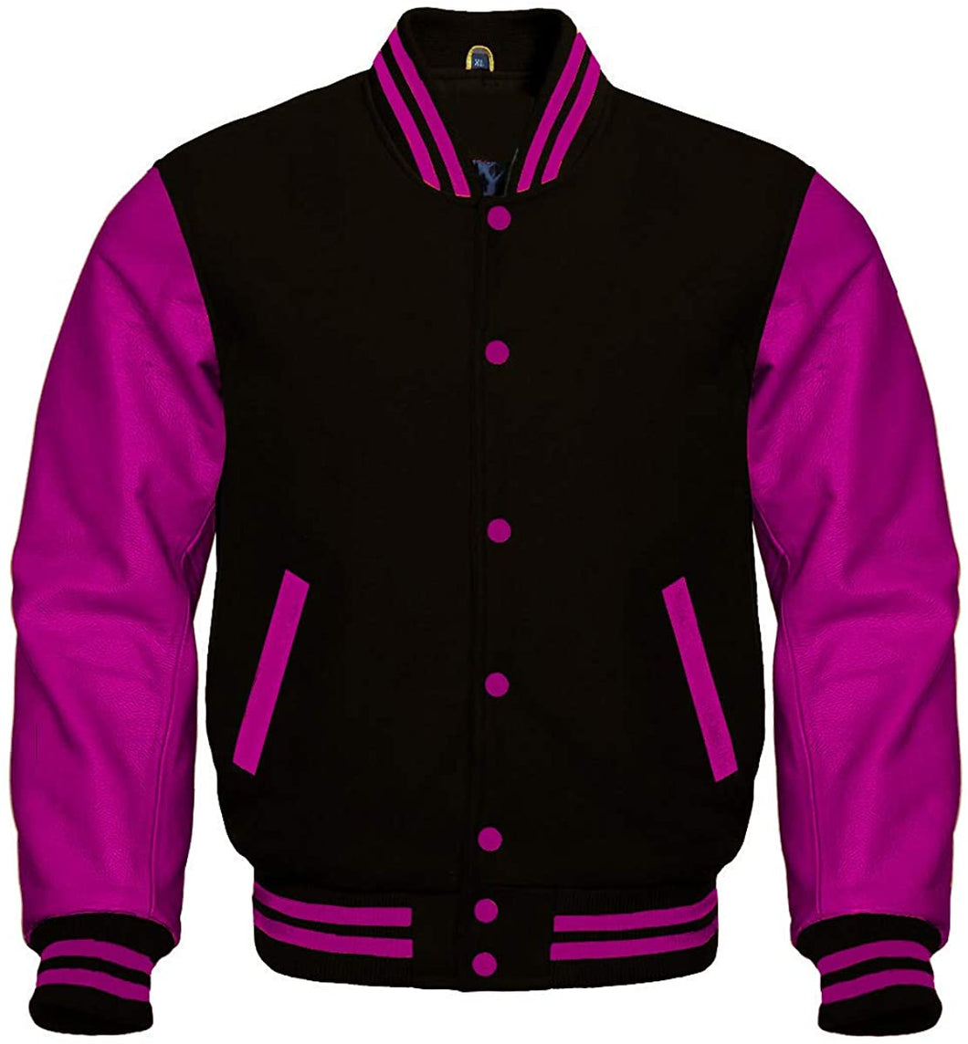 Varsity Jacket Bomber Letterman Baseball Black Wool & Hot Pink Leather Sleeves - Shearling leather