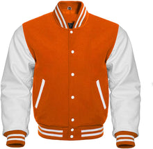 Load image into Gallery viewer, Varsity Letterman Baseball Bomber Retro Vintage Jacket Orange Wool &amp; White Genuine Leather Sleeves - Shearling leather
