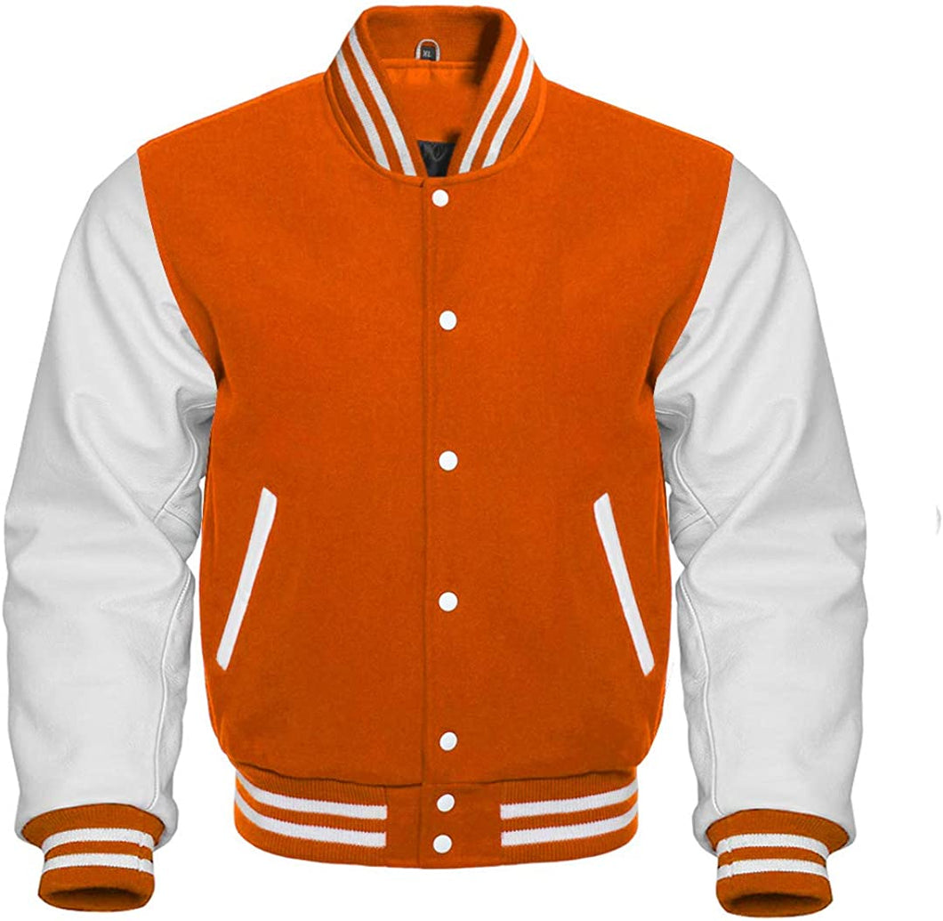 Varsity Letterman Baseball Bomber Retro Vintage Jacket Orange Wool & White Genuine Leather Sleeves - Shearling leather