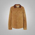 Women's Camel Suede Shearling With Classic Flap Pockets Leather Shirt