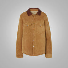 Load image into Gallery viewer, Women&#39;s Camel Suede Shearling With Classic Flap Pockets Leather Shirt
