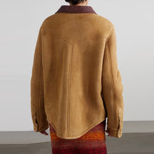 Load image into Gallery viewer, Women&#39;s Camel Suede Shearling With Classic Flap Pockets Leather Shirt
