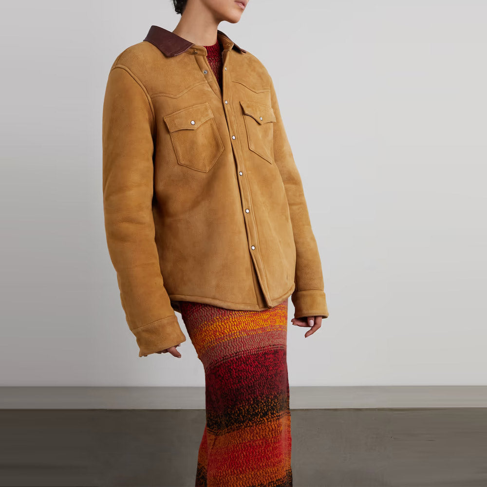 Women's Camel Suede Shearling With Classic Flap Pockets Leather Shirt