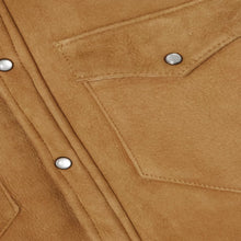 Load image into Gallery viewer, Women&#39;s Camel Suede Shearling With Classic Flap Pockets Leather Shirt
