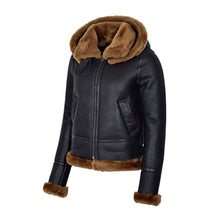 Load image into Gallery viewer, WOMENS BLACK HOODED B3 FLYING SHEARILING JACKET
