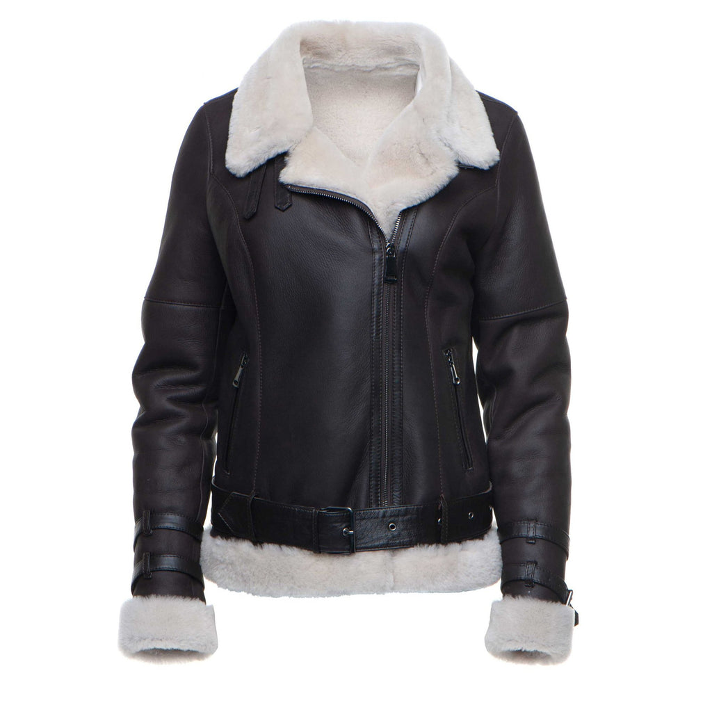 Jayne's Sheepskin Brown Biker Shearling Jacket - Shearling leather