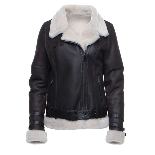 Jayne's Sheepskin Brown Biker Shearling Jacket - Shearling leather