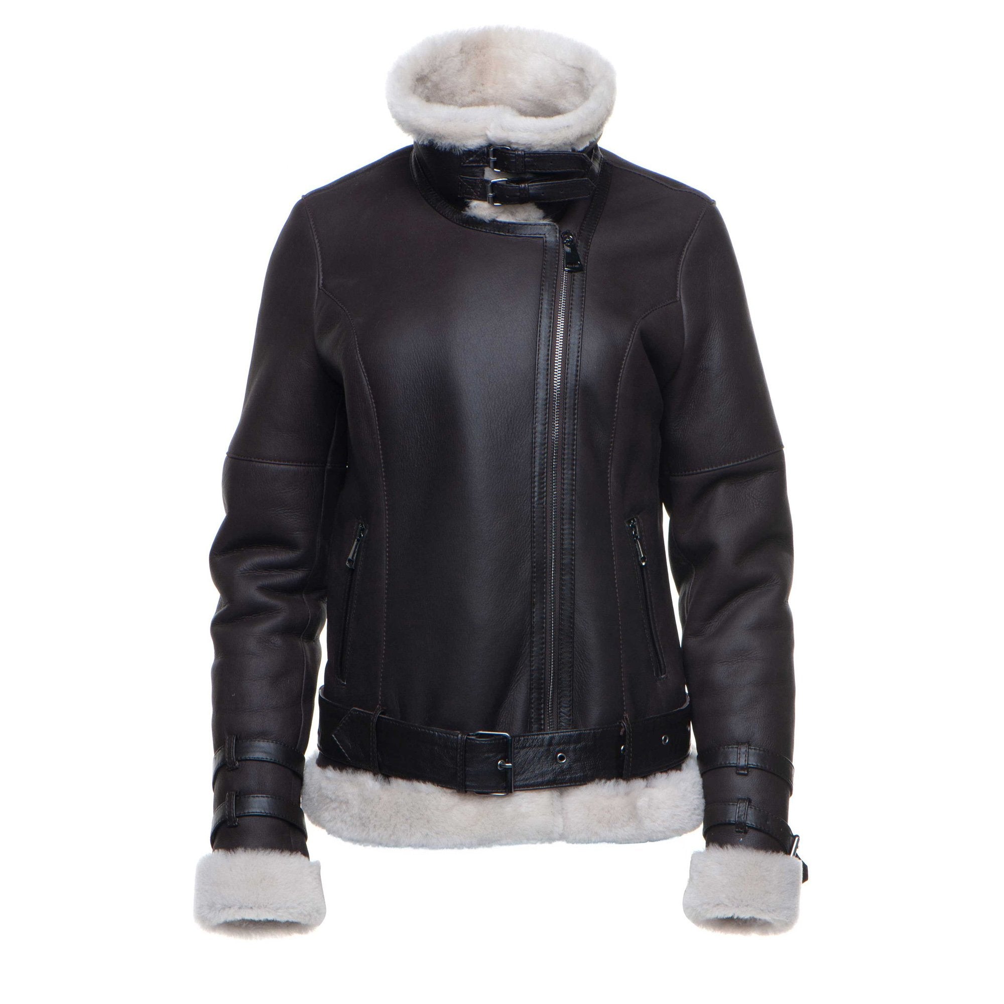 Jayne's Sheepskin Brown Biker Shearling Jacket - Shearling leather