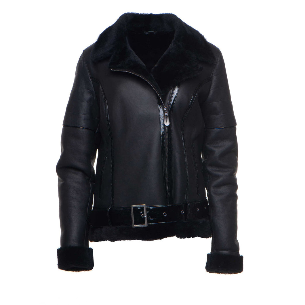 Tasha's Black Sheepskin Shearling B-3 Bomber Style Jacket - Shearling leather