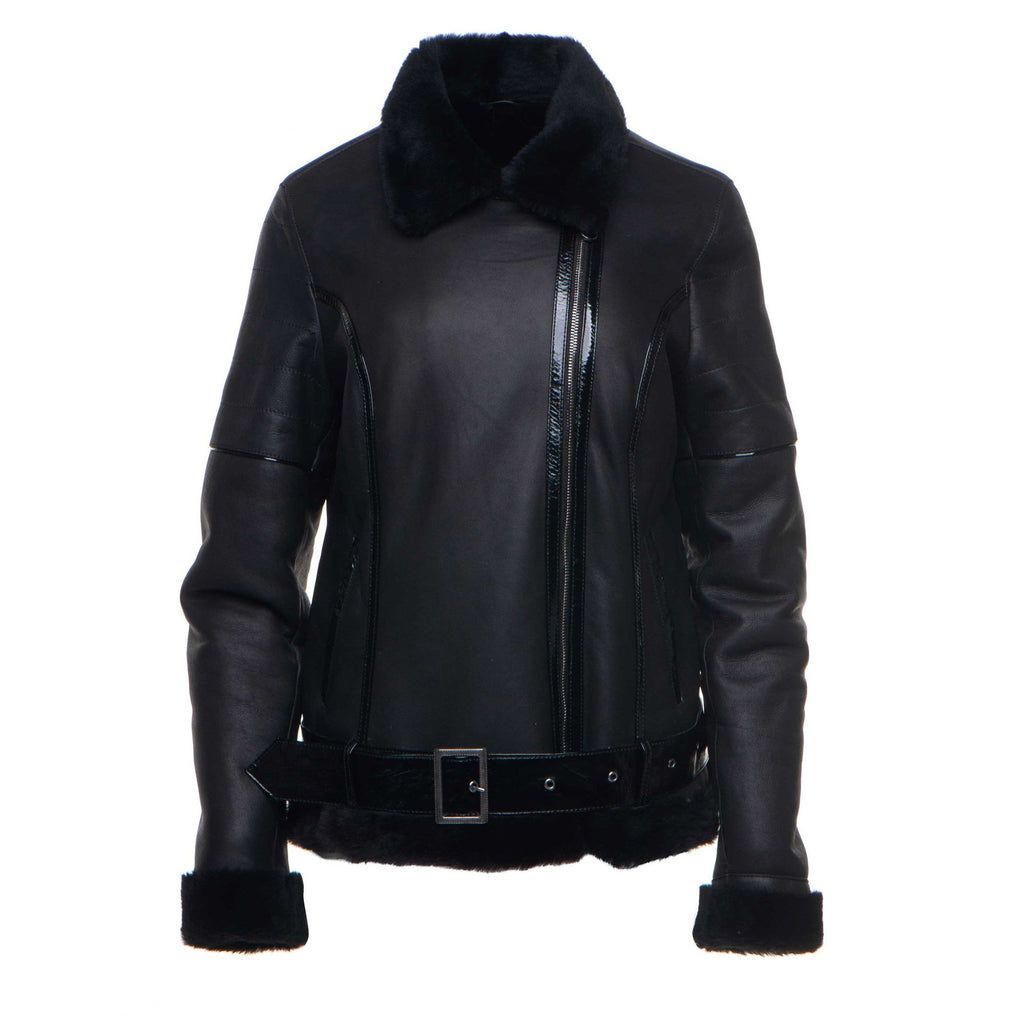 Tasha's Black Sheepskin Shearling B-3 Bomber Style Jacket - Shearling leather