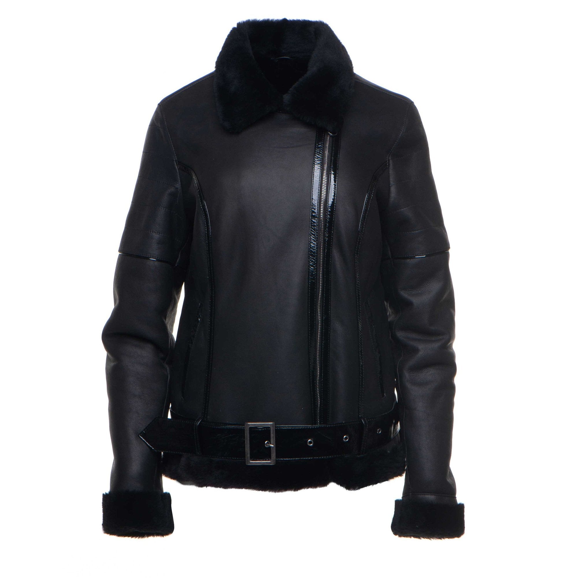 Tasha's Black Sheepskin Shearling B-3 Bomber Style Jacket - Shearling leather