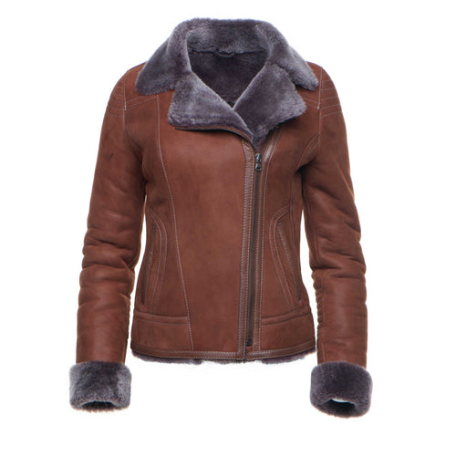 Reyna's Tan Sheepskin Shearling B-3 Bomber Style Jacket - Shearling leather