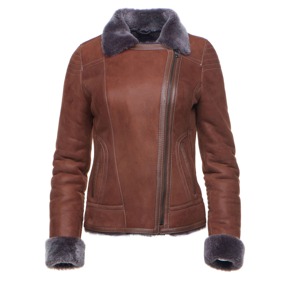 Reyna's Tan Sheepskin Shearling B-3 Bomber Style Jacket - Shearling leather