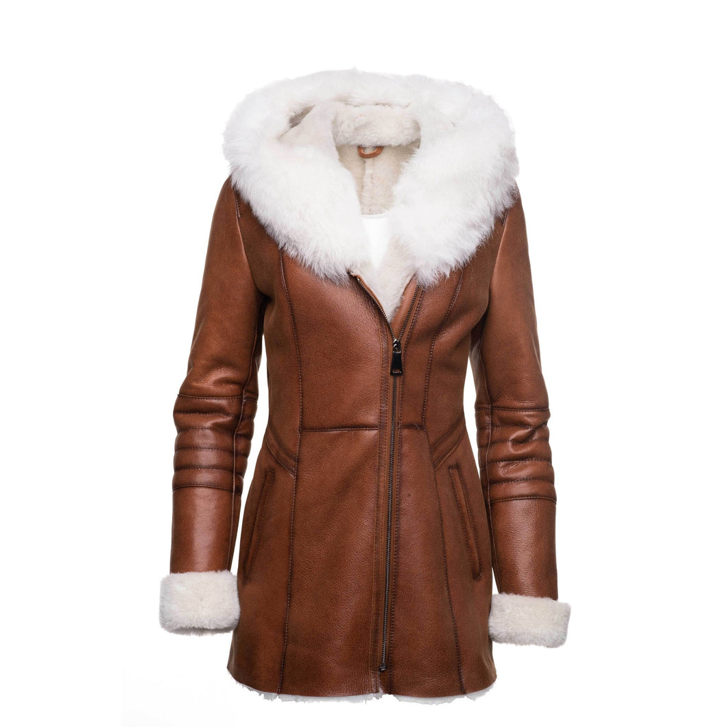 Ayva's Tan Shearling coat with fox fur trim Hoodie - Shearling leather