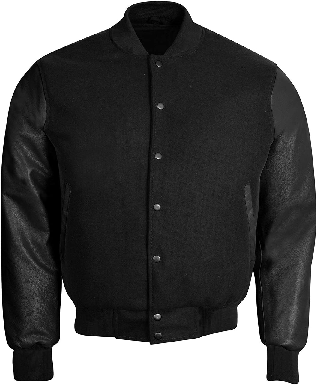 Varsity Letterman Baseball Bomber Retro Vintage Jacket Solid Black Wool Black Genuine Leather Sleeves - Shearling leather