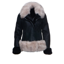 Load image into Gallery viewer, Cecily&#39;s Black Shearling Sheepskin Jacket with Fox fur trim - Shearling leather

