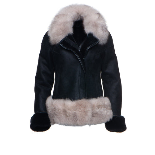 Cecily's Black Shearling Sheepskin Jacket with Fox fur trim - Shearling leather