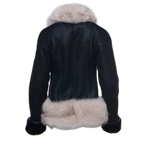 Cecily's Black Shearling Sheepskin Jacket with Fox fur trim - Shearling leather