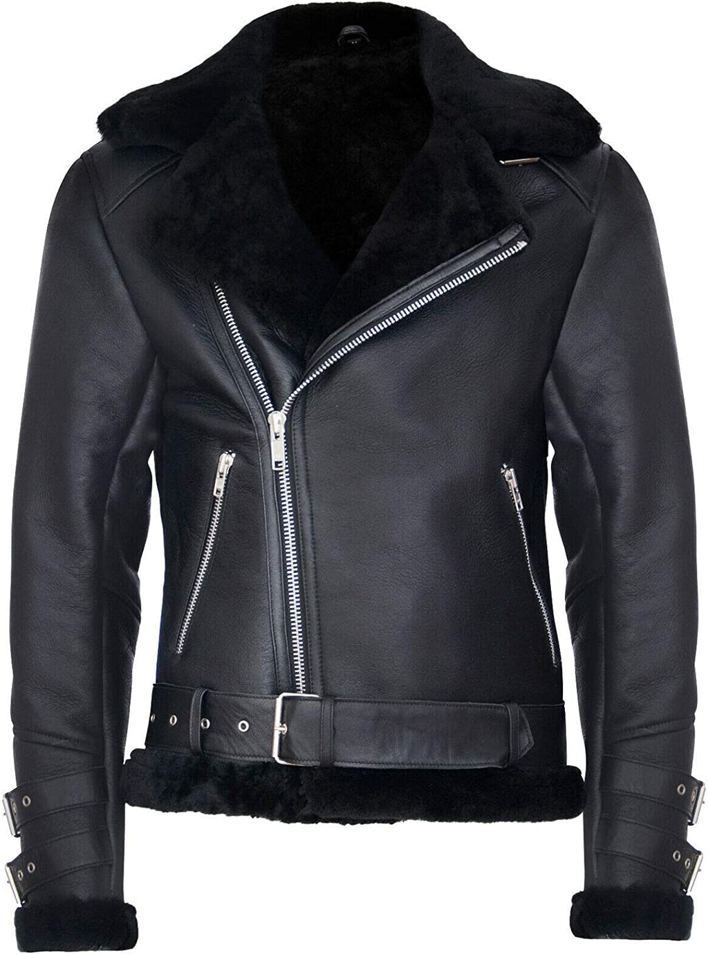 Men's Retro RAF B3 Pilot Real Sheepskin Shearling Biker Leather Jacket - Shearling leather