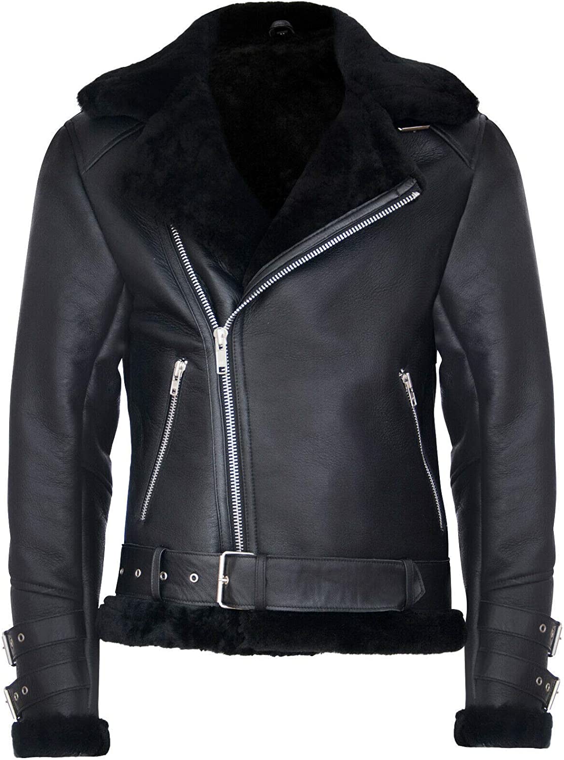 Men's Retro RAF B3 Pilot Real Sheepskin Shearling Biker Leather Jacket - Shearling leather