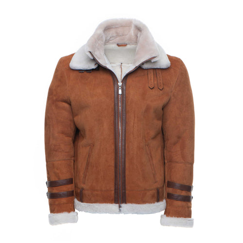 Hagan's Tan Aviator Bomber Suede Shearling Jacket - Shearling leather