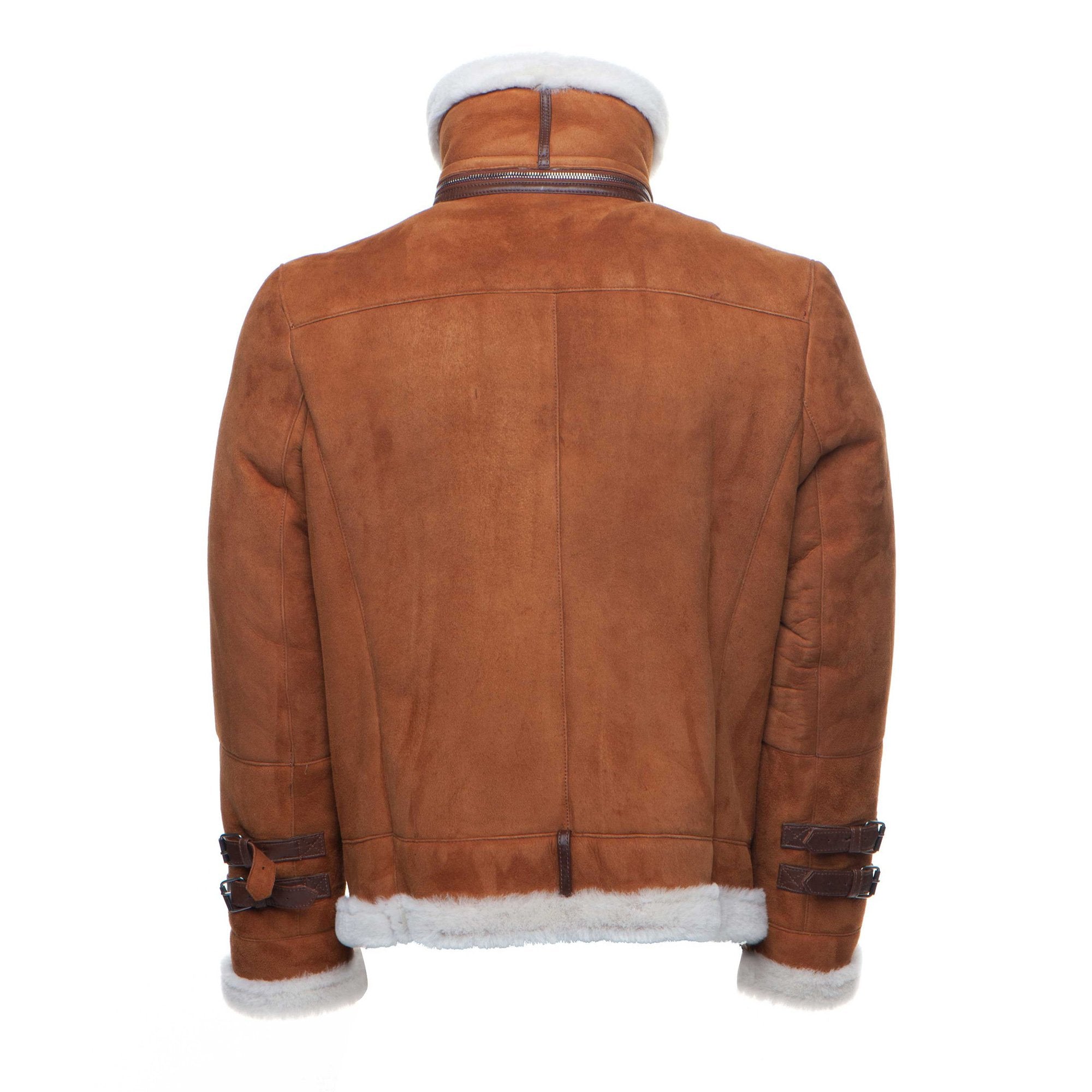 Hagan's Tan Aviator Bomber Suede Shearling Jacket - Shearling leather