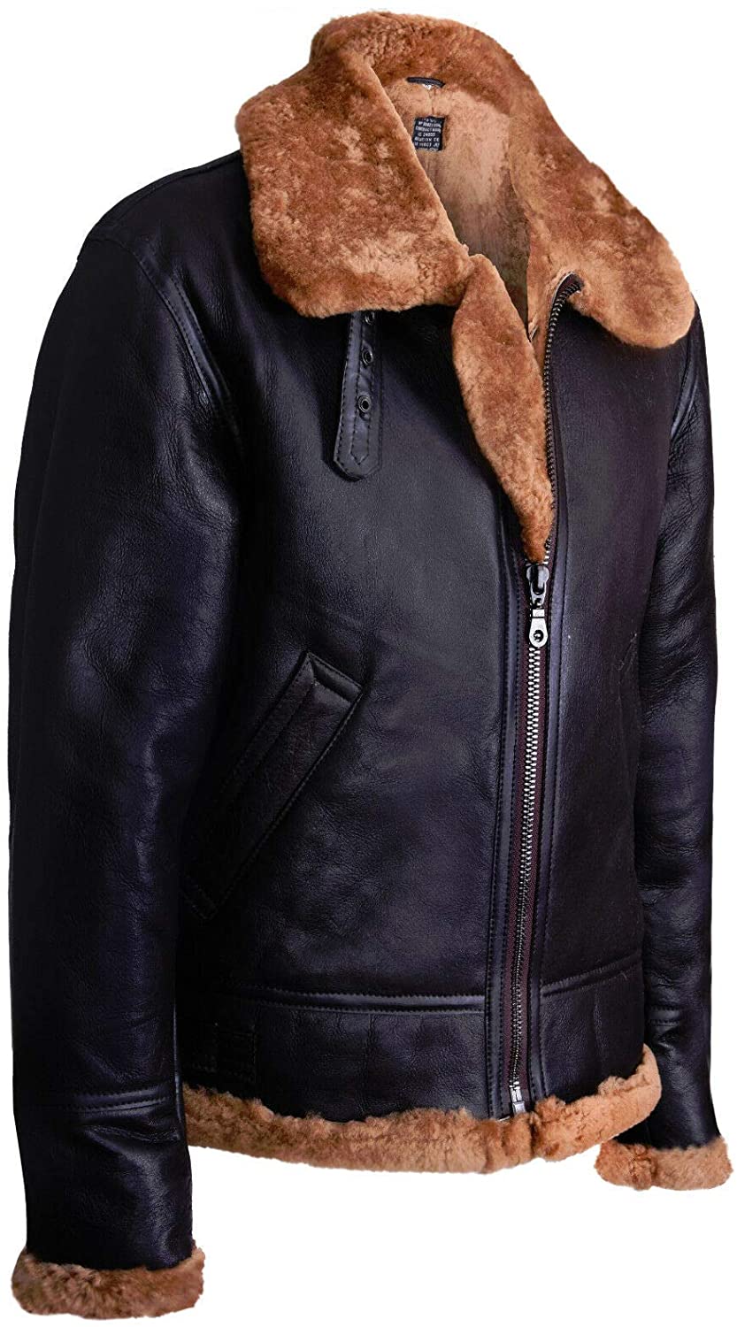 Men's Aviator Ginger Brown B3 Real Shearling Sheepskin Leather Bomber Flying Jacket - Shearling leather