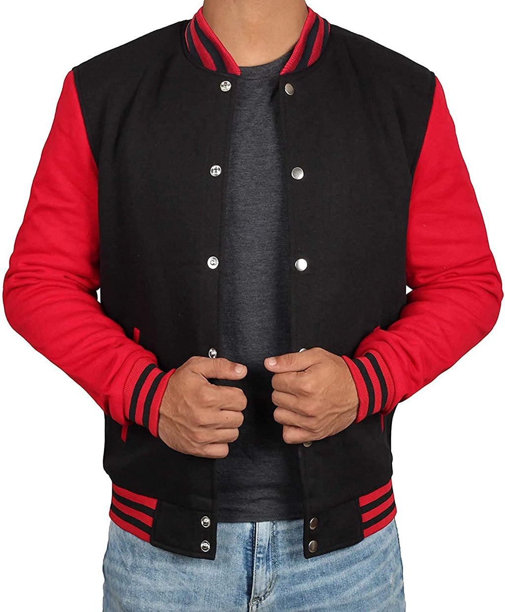 Mens Letterman jacket - Varsity Baseball Men Bomber Jackets With Red Sleeves - Shearling leather