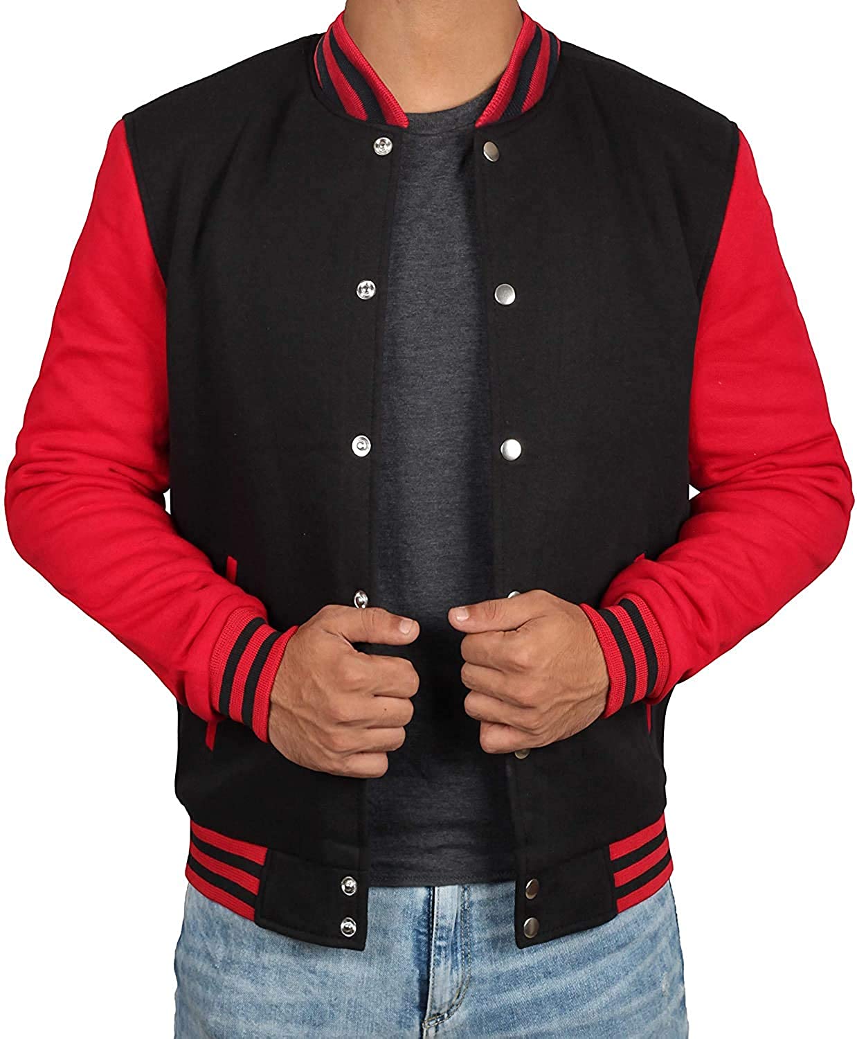 Mens Letterman jacket - Varsity Baseball Men Bomber Jackets With Red Sleeves - Shearling leather