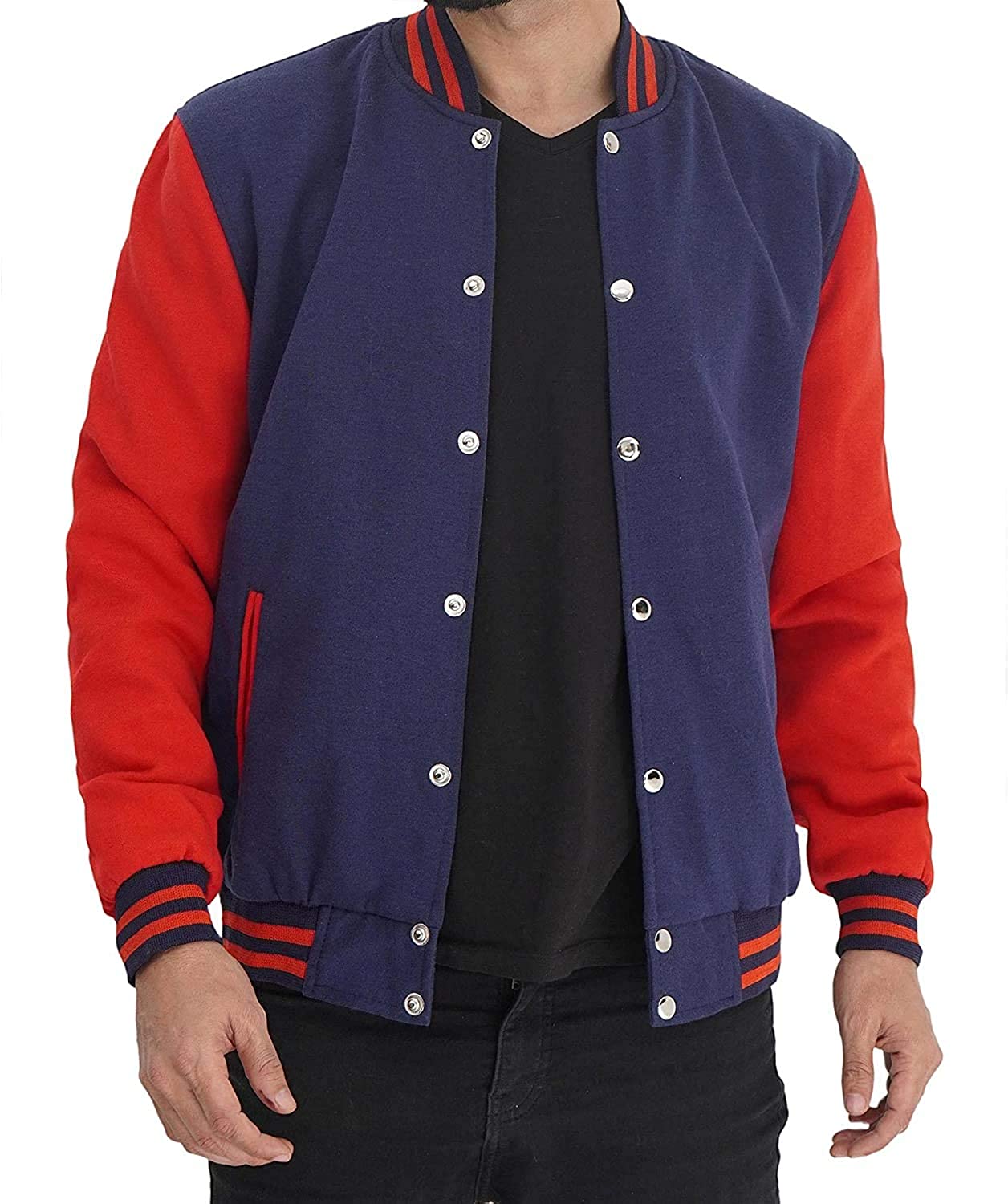 Mens Letterman jacket - Varsity Baseball Men Bomber Jackets With Red Sleeves - Shearling leather