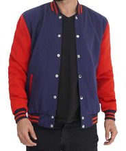 Load image into Gallery viewer, Mens Letterman jacket - Varsity Baseball Men Bomber Jackets With Red Sleeves - Shearling leather
