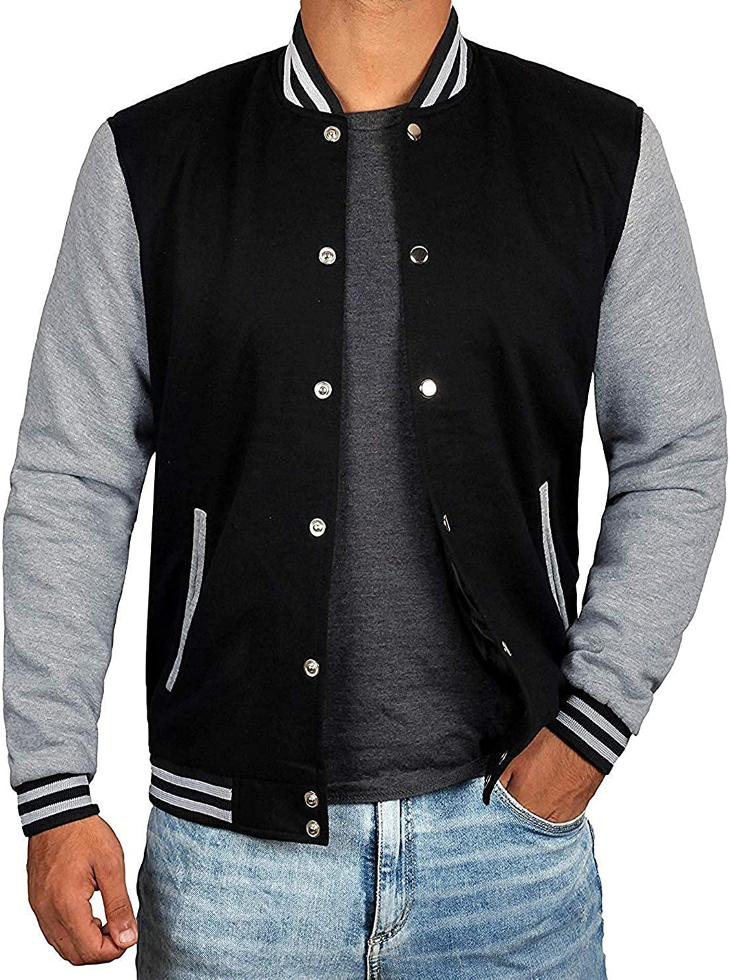 Mens Letterman jacket - Varsity Baseball Men Bomber Jackets With Grey Sleeves - Shearling leather
