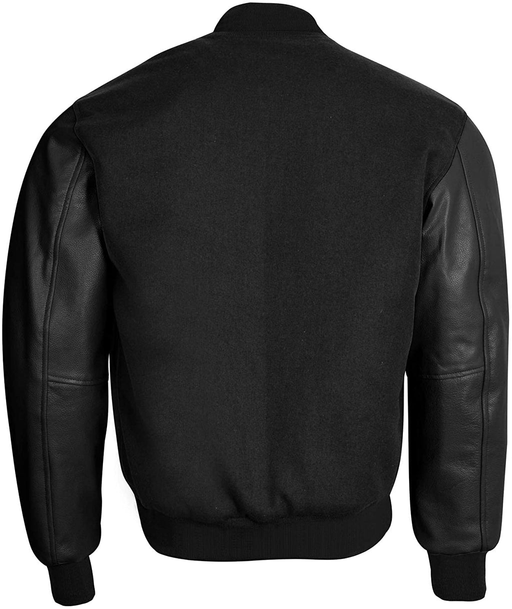 Varsity Letterman Baseball Bomber Retro Vintage Jacket Solid Black Wool Black Genuine Leather Sleeves - Shearling leather