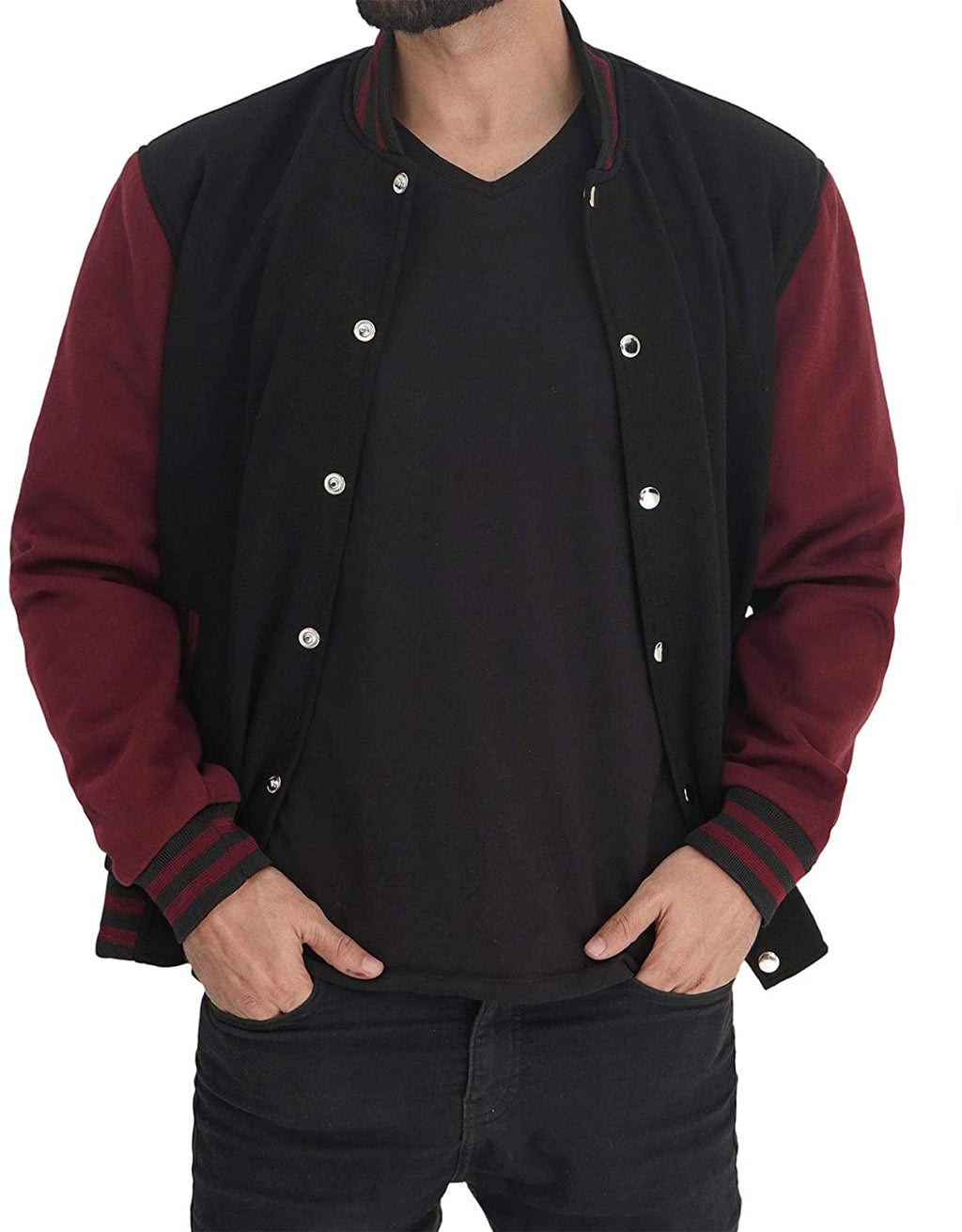 Mens Letterman jacket - Varsity Baseball Men Bomber Jackets With Red Sleeves - Shearling leather