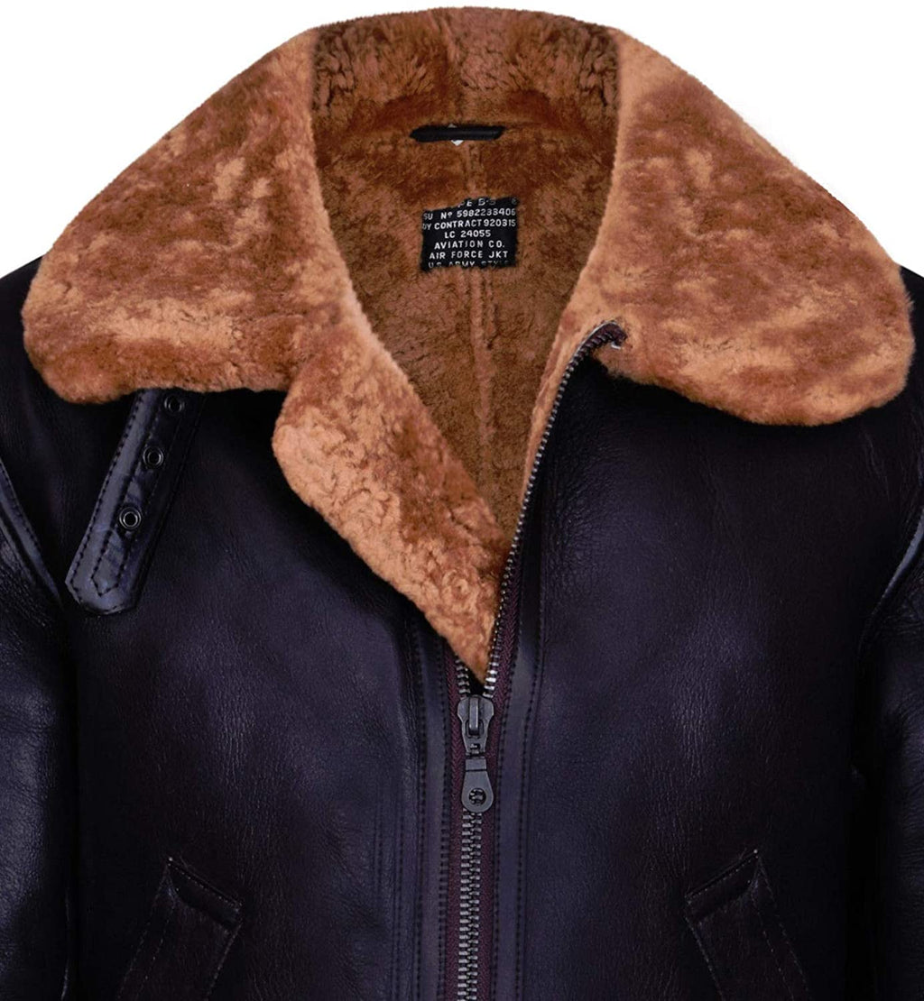 Men's Aviator Ginger Brown B3 Real Shearling Sheepskin Leather Bomber Flying Jacket - Shearling leather