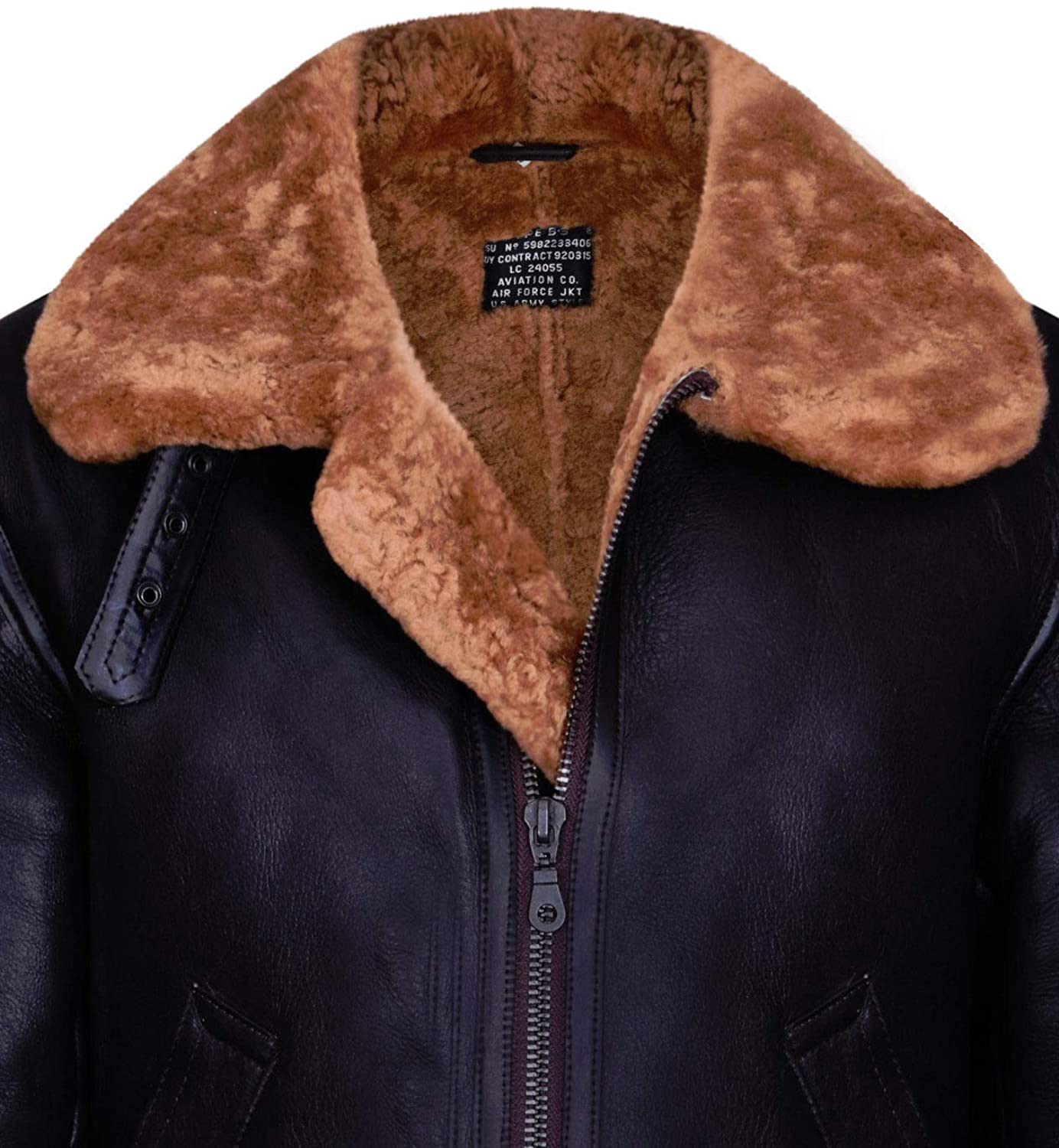 Men's Aviator Ginger Brown B3 Real Shearling Sheepskin Leather Bomber Flying Jacket - Shearling leather