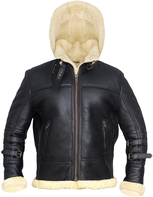 B3 Bomber Jacket Real Shearling B3 Bomber Jacket Removable Hood Black - Shearling leather
