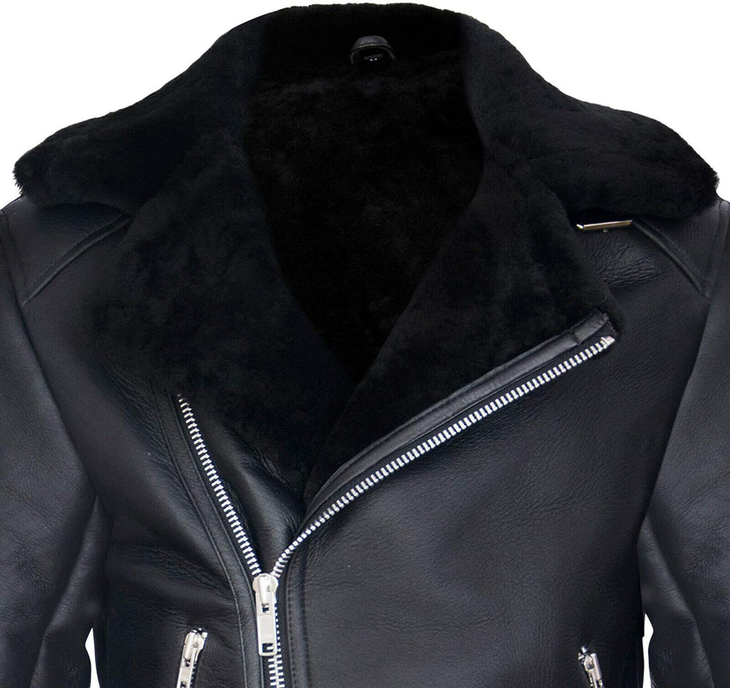 Men's Retro RAF B3 Pilot Real Sheepskin Shearling Biker Leather Jacket - Shearling leather