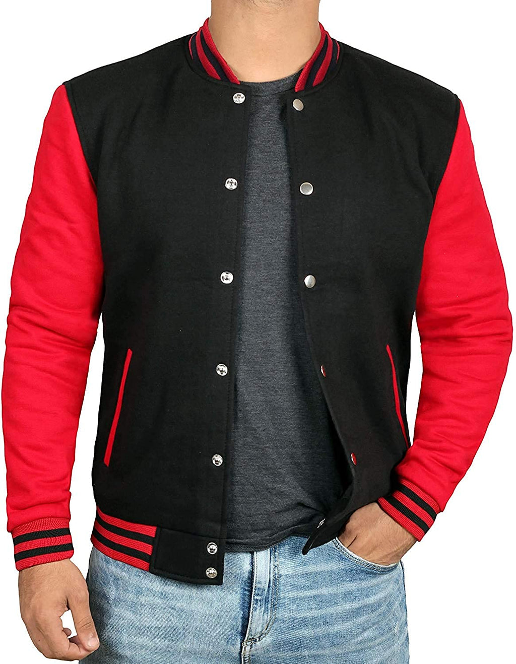 Mens Letterman jacket - Varsity Baseball Men Bomber Jackets With Red Sleeves - Shearling leather