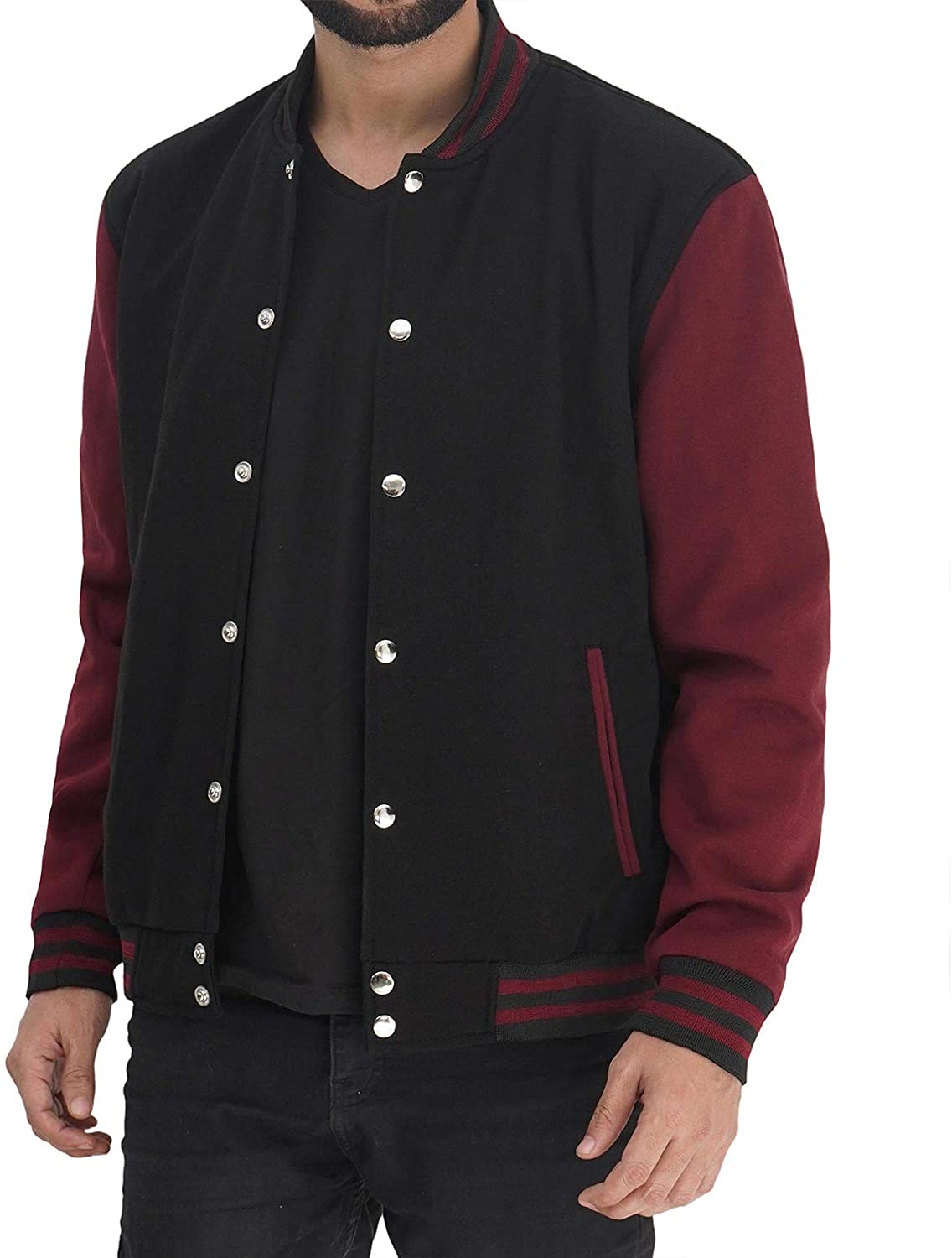 Mens Letterman jacket - Varsity Baseball Men Bomber Jackets With Red Sleeves - Shearling leather