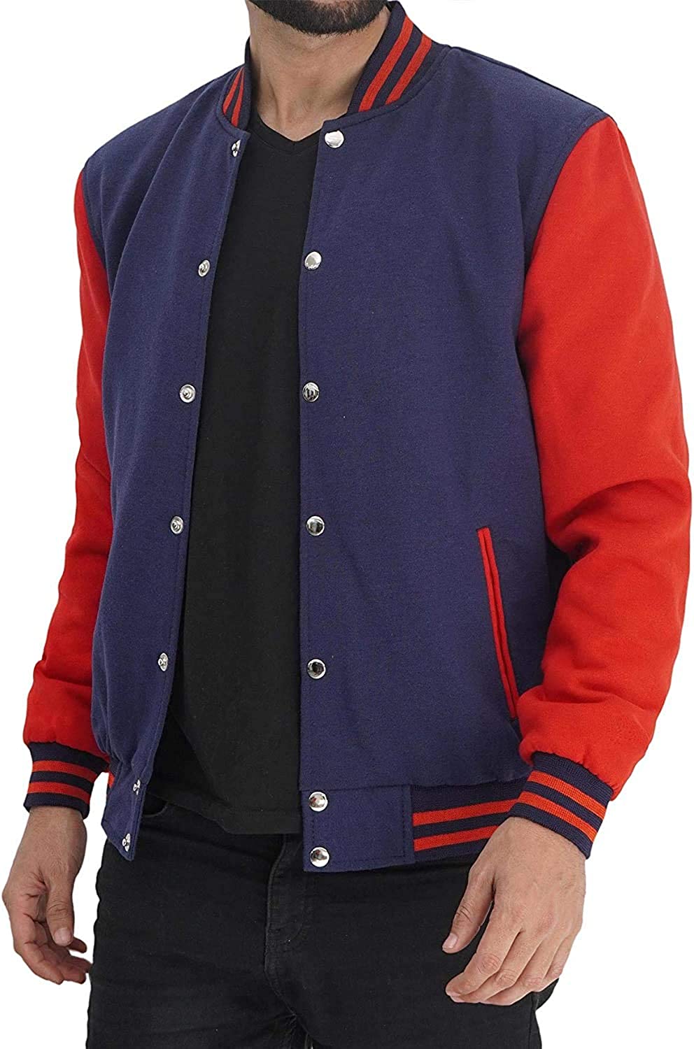 Mens Letterman jacket - Varsity Baseball Men Bomber Jackets With Red Sleeves - Shearling leather